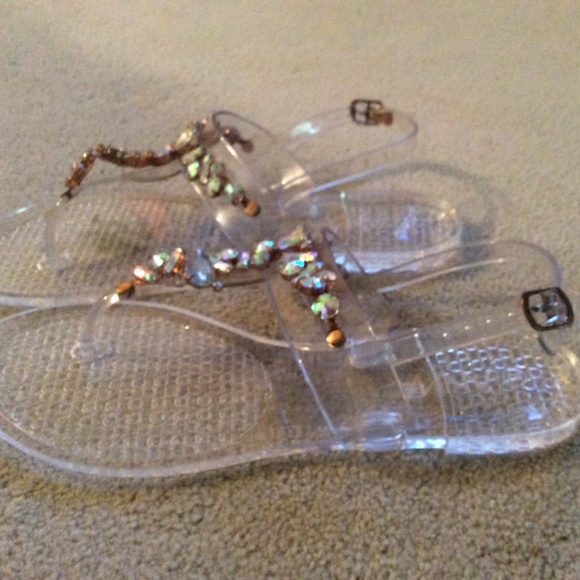 Anna Clear Gold tone Iridescent Gem Jelly PVC T-Strap Buckle Sandal Size 39 - Picture 2 of 5